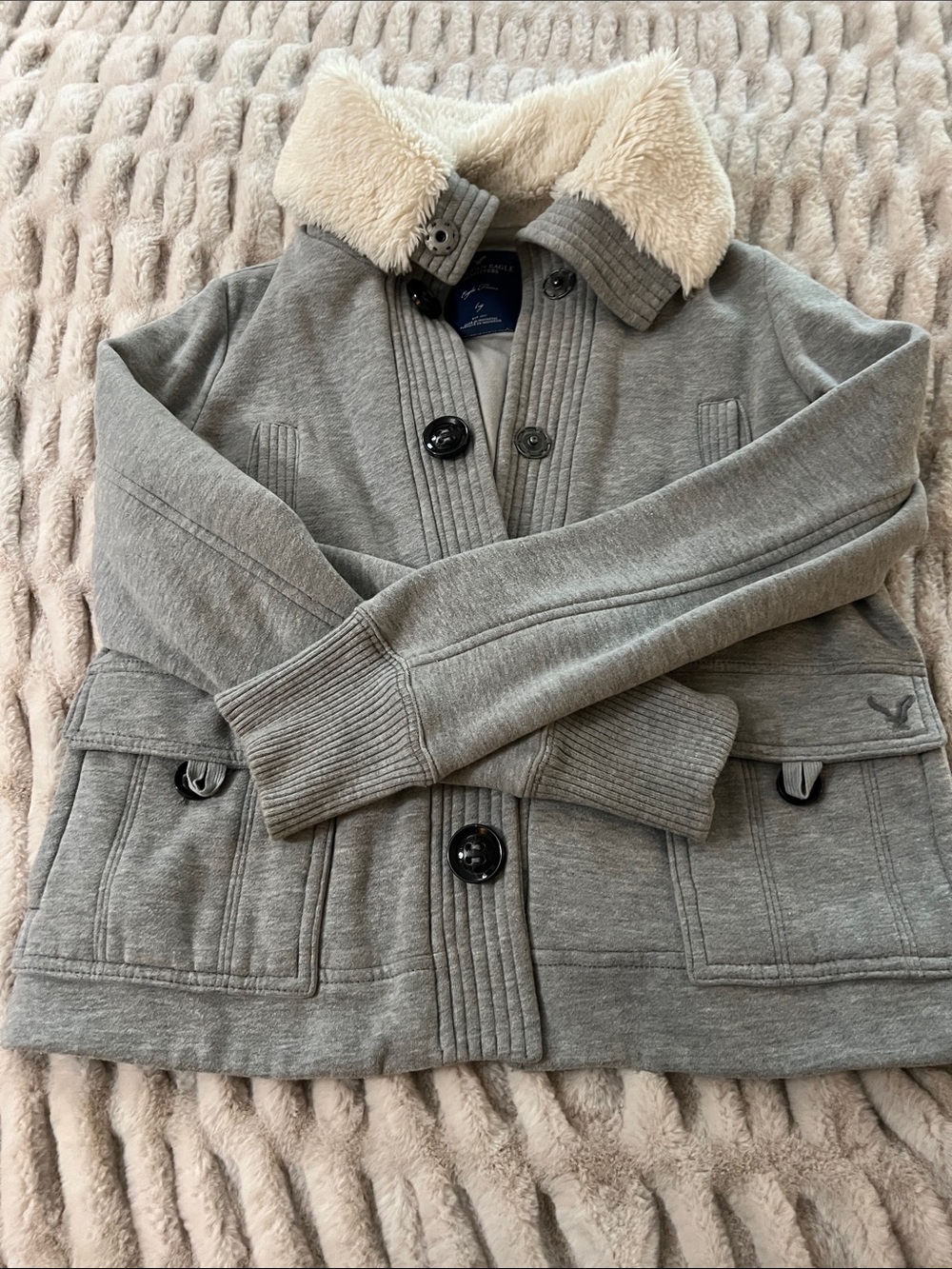 American Eagle Outfitters Gray Jacket with Cream Faux-Fur Collar
